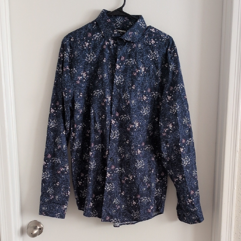 Express Navy and Pink Floral Shirt